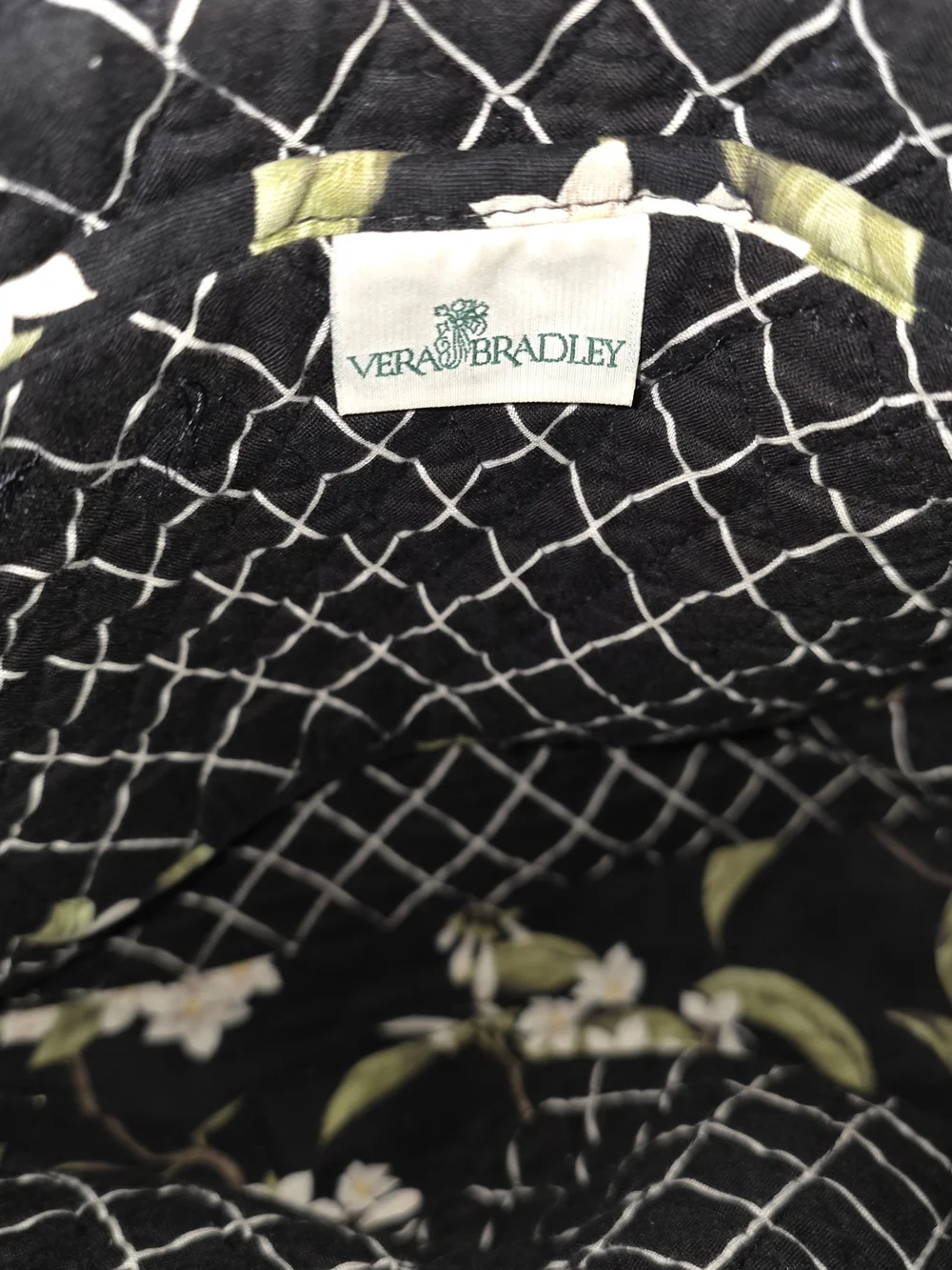 Vera Bradley Floral Quilted Black Tote Bag with White Blossom Print